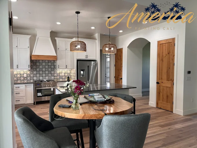 Open-concept dining and kitchen with fresh interior paint