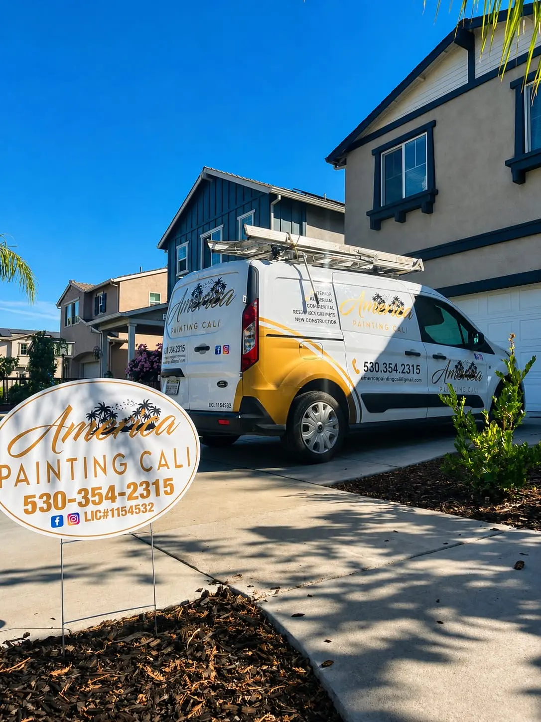 America Painting Cali van and branded yard sign at a Northern California home